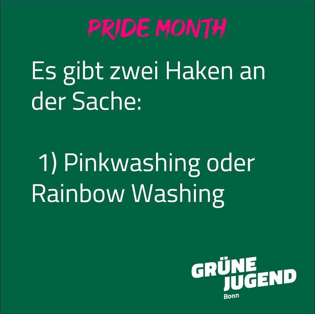 Die Überschrift ist "Pride Month". Darunter steht: "Es gibt zwei Haken an der Sache: 1)Pinkwashing oder Rainbow Washing".